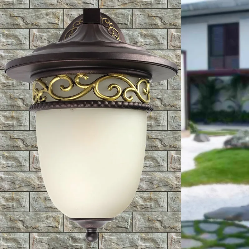 1-Head Rustic Elongated Dome Outdoor Wall Lamp in Black with Frosted Glass