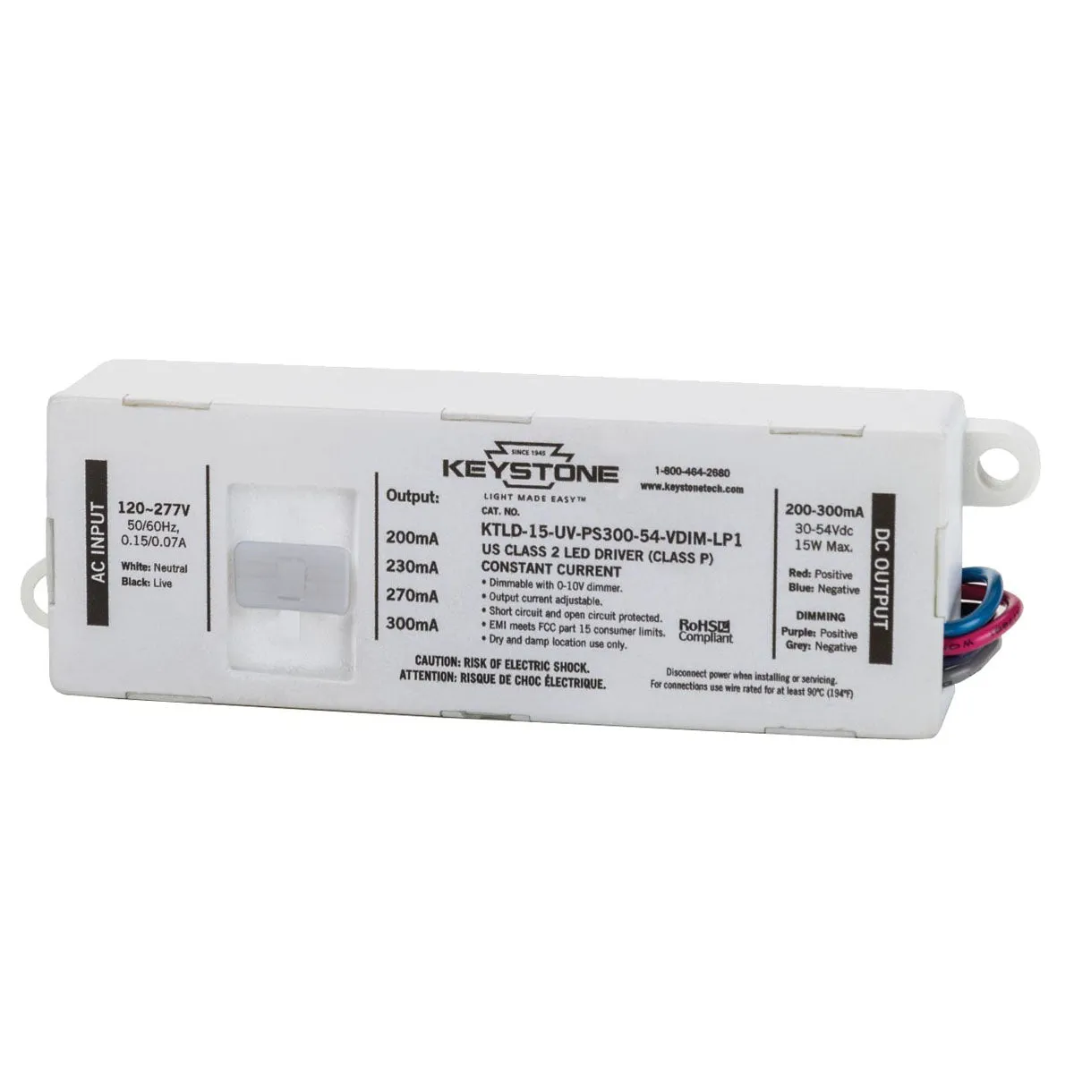 15 Watts LED Driver, Selectable Current 200-300mA, 0-10V Dimming, 120-277V