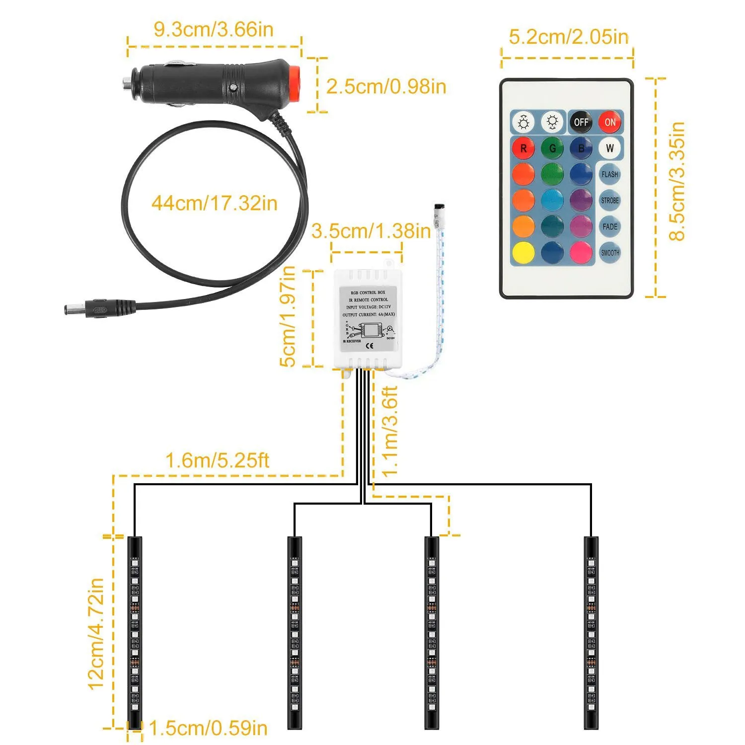 4-Pieces: 36 LEDs 12V Car Atmosphere Light Strip