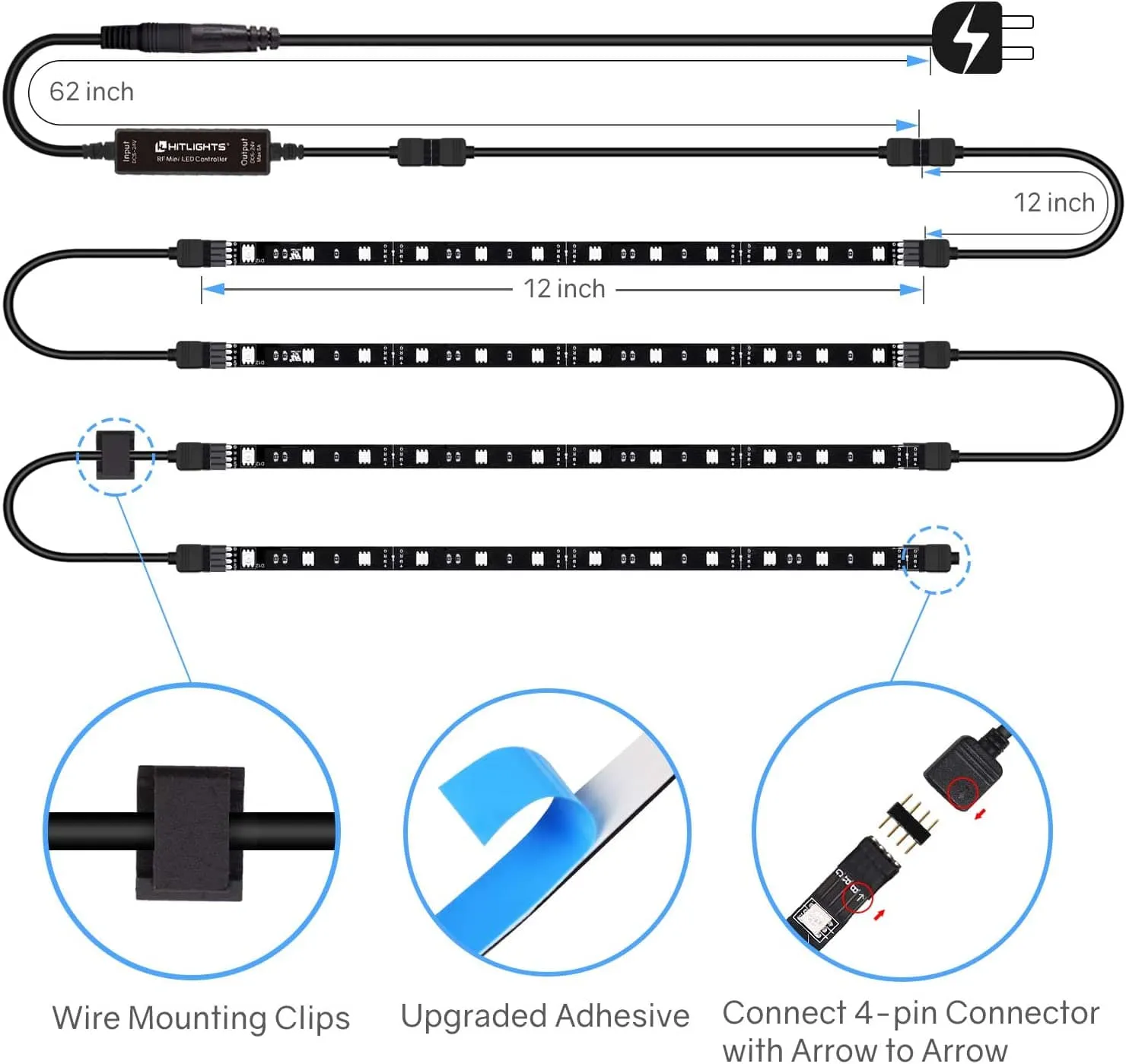 4 Pre-Cut 1ft/4ft Small LED Light Strips Dimmable, RGB 5050 Color Changing LED Tape Light with Remote