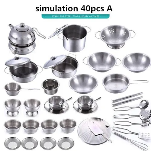 40pcs Stainless Steel Kids House Kitchen Toy Cooking Cookware Children Pretend Play Kitchen Playset - Silver Toys For Children