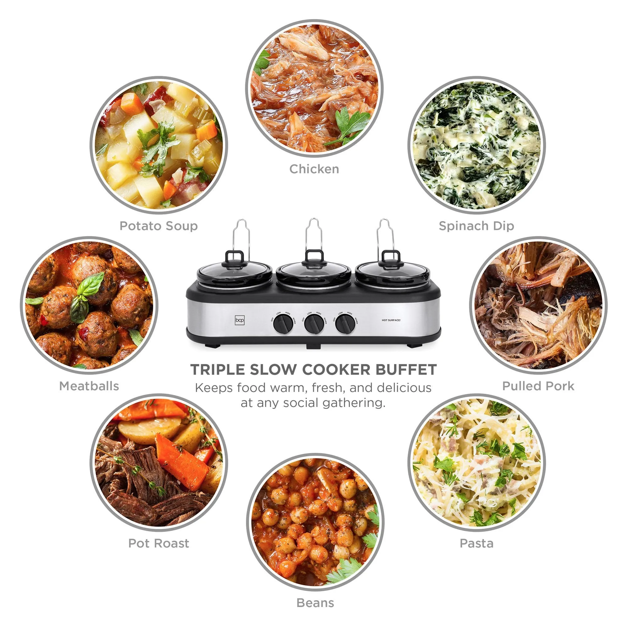 4.5qt 300W Triple Slow Cooker Server w/ 3x 1.5-Quart Pots, Adjustable Temp
