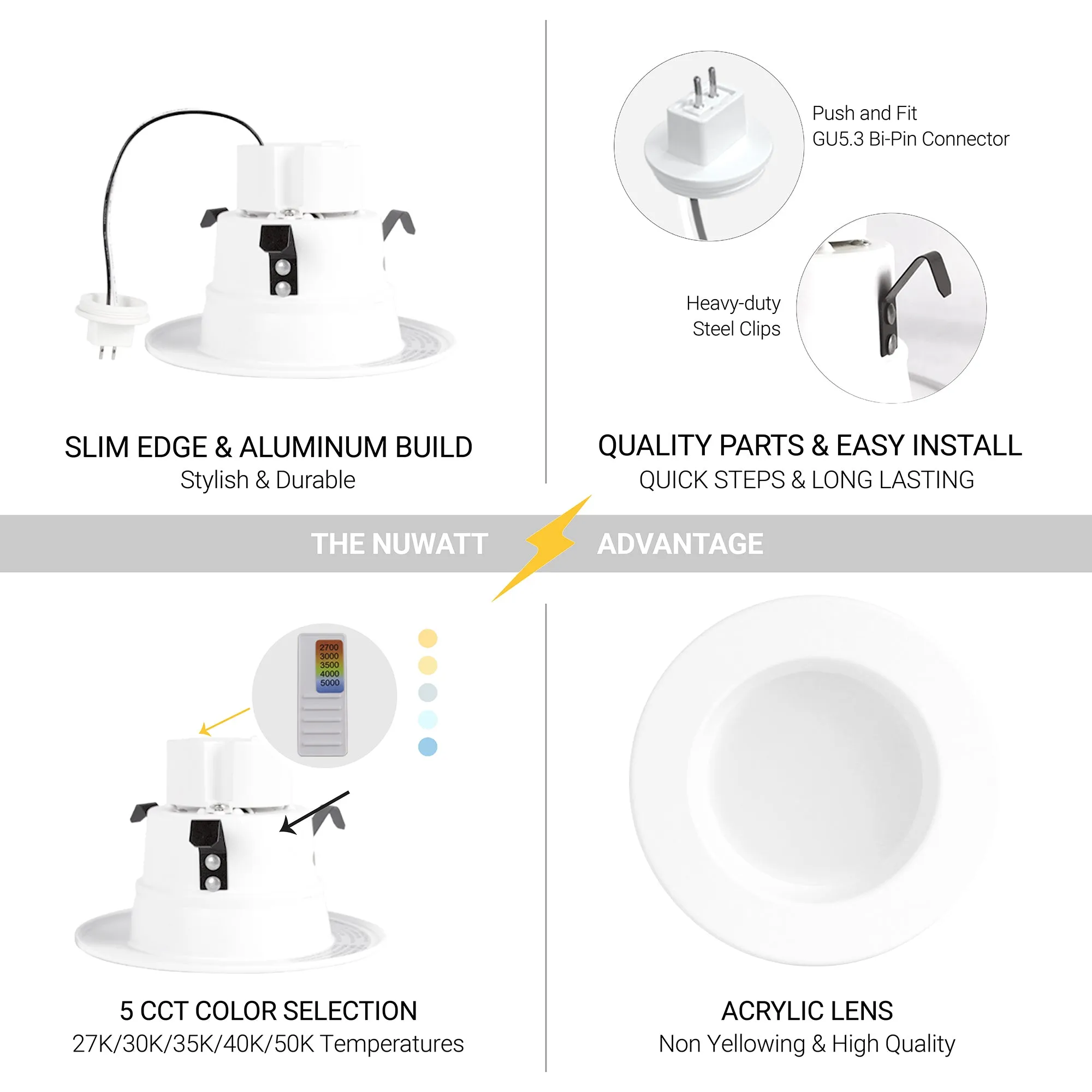 4" Inch MR16 LED Retrofit 12V Recessed Downlights - Wet Rated - 5CCT 2700K-5000K - 600LM - GU5.3 Base