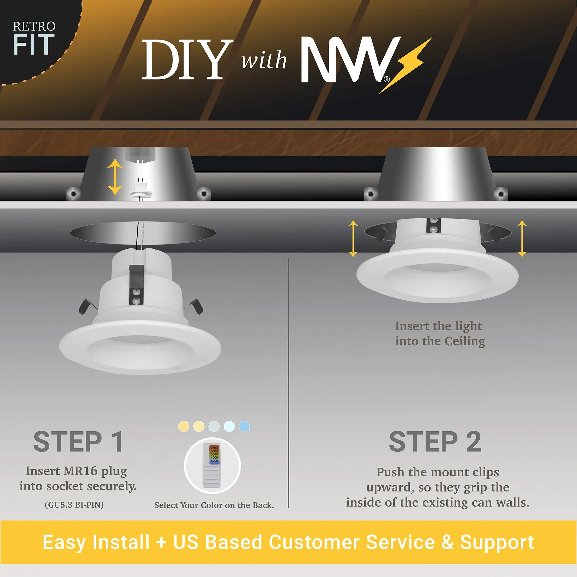 4" Inch MR16 LED Retrofit 12V Recessed Downlights - Wet Rated - 5CCT 2700K-5000K - 600LM - GU5.3 Base