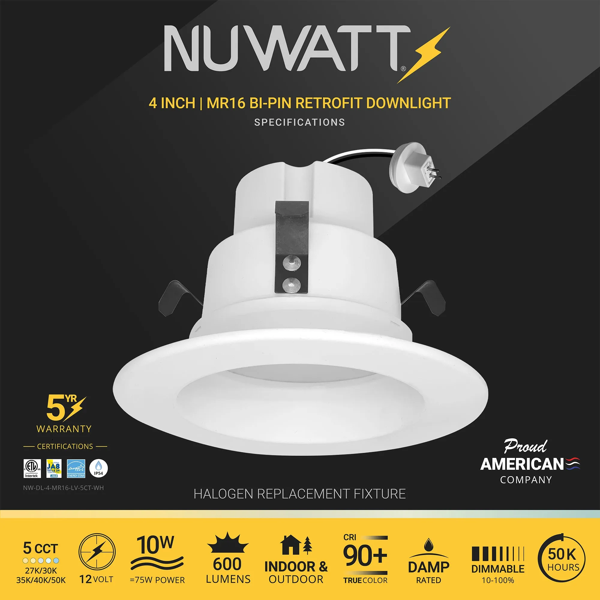 4" Inch MR16 LED Retrofit 12V Recessed Downlights - Wet Rated - 5CCT 2700K-5000K - 600LM - GU5.3 Base