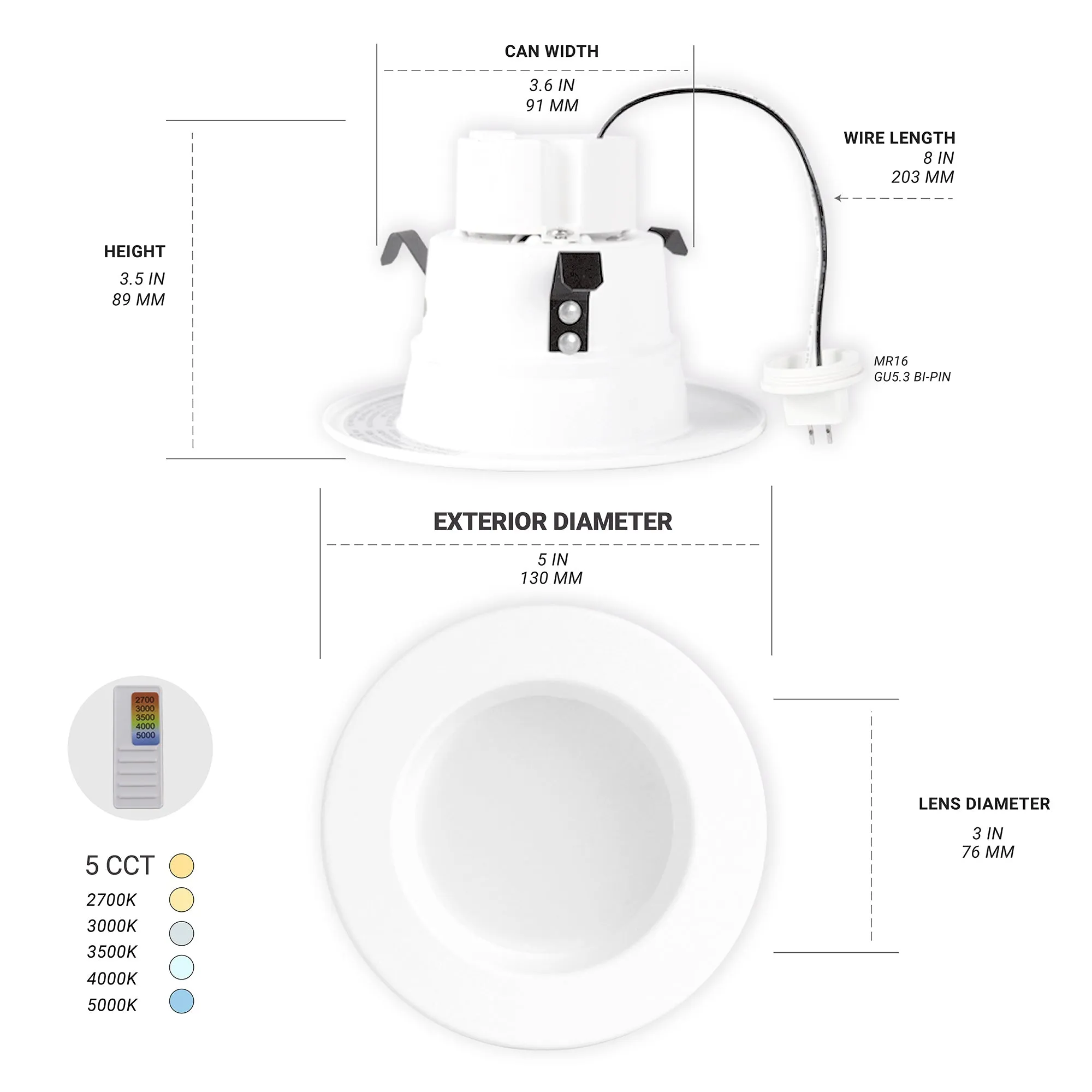 4" Inch MR16 LED Retrofit 12V Recessed Downlights - Wet Rated - 5CCT 2700K-5000K - 600LM - GU5.3 Base
