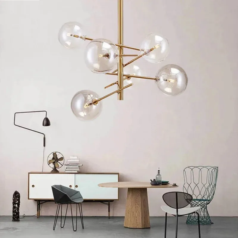 6 Light Sputnik Chandelier In Antique Brass Finish With Clear Glass Spheric Shades And Adjustable Arms