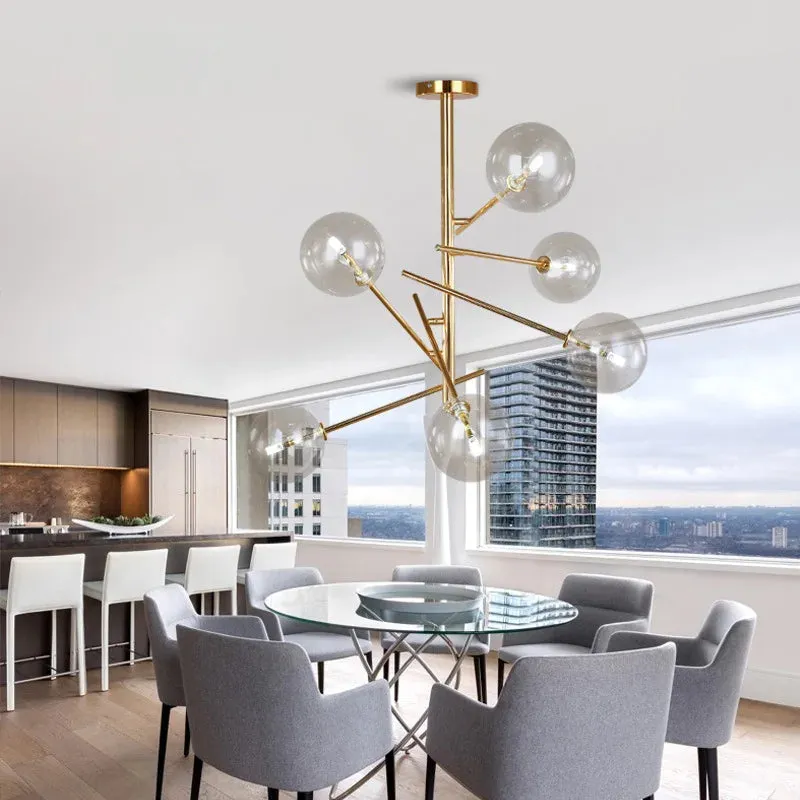 6 Light Sputnik Chandelier In Antique Brass Finish With Clear Glass Spheric Shades And Adjustable Arms