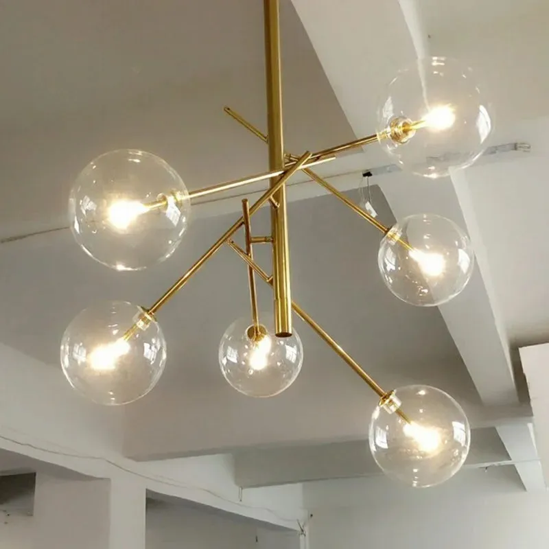 6 Light Sputnik Chandelier In Antique Brass Finish With Clear Glass Spheric Shades And Adjustable Arms