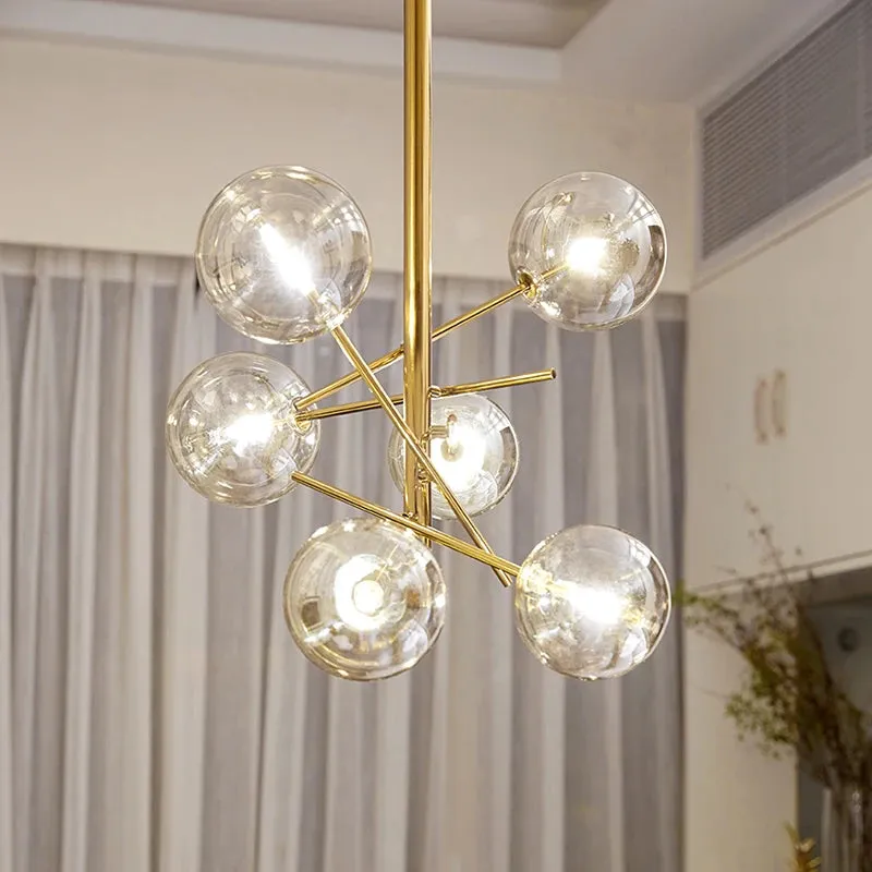6 Light Sputnik Chandelier In Antique Brass Finish With Clear Glass Spheric Shades And Adjustable Arms