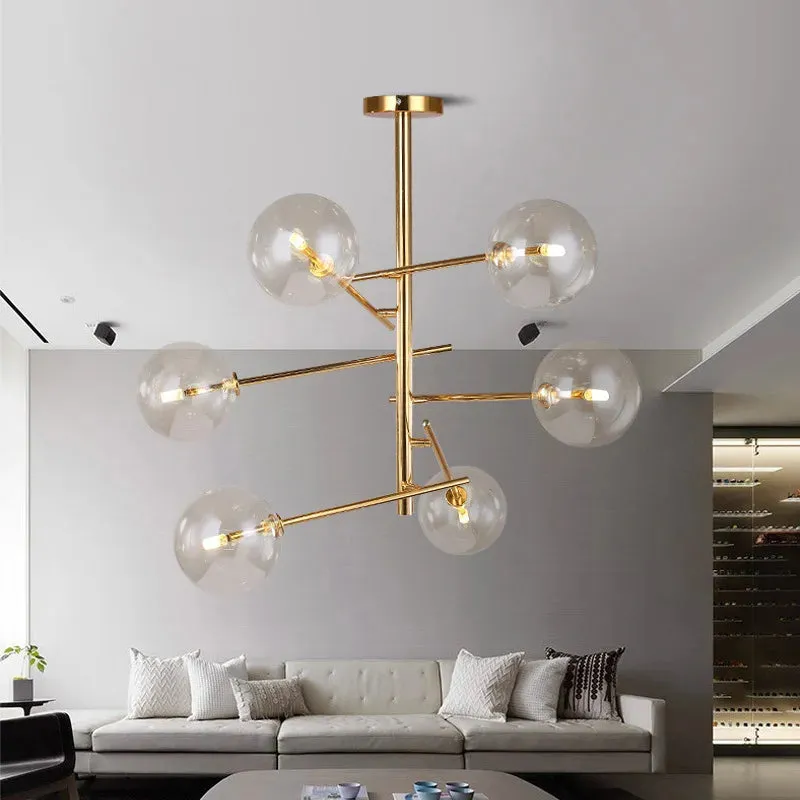 6 Light Sputnik Chandelier In Antique Brass Finish With Clear Glass Spheric Shades And Adjustable Arms