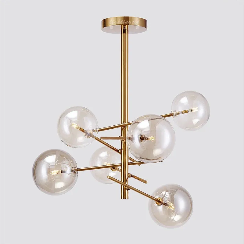6 Light Sputnik Chandelier In Antique Brass Finish With Clear Glass Spheric Shades And Adjustable Arms