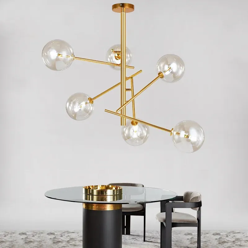 6 Light Sputnik Chandelier In Antique Brass Finish With Clear Glass Spheric Shades And Adjustable Arms