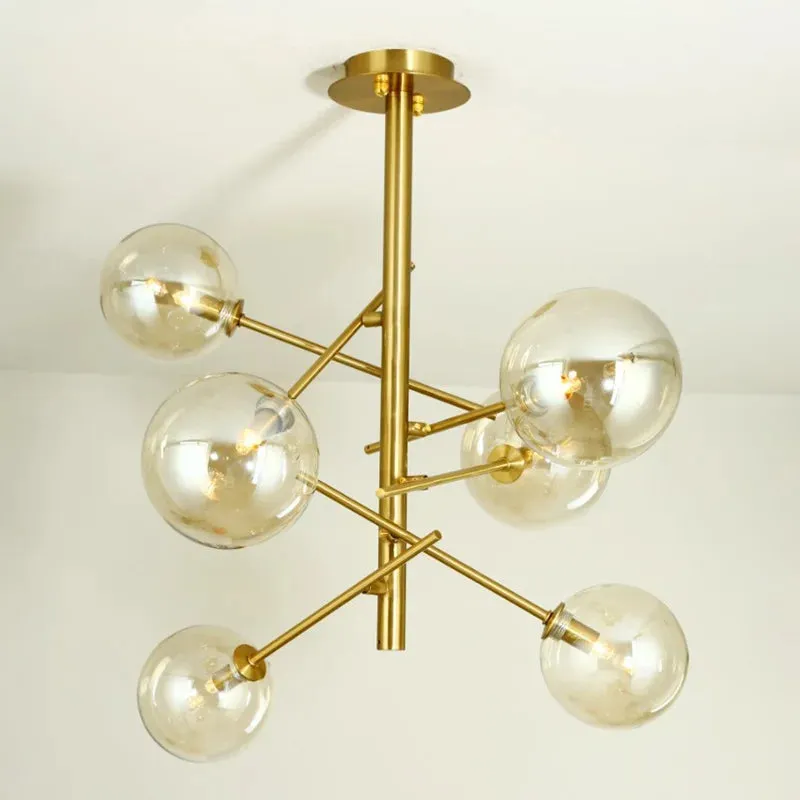 6 Light Sputnik Chandelier In Antique Brass Finish With Clear Glass Spheric Shades And Adjustable Arms