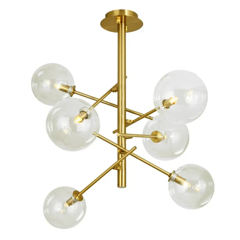 6 Light Sputnik Chandelier In Antique Brass Finish With Clear Glass Spheric Shades And Adjustable Arms