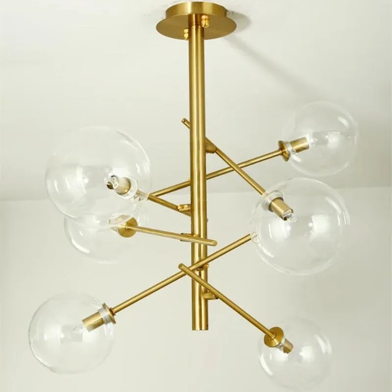 6 Light Sputnik Chandelier In Antique Brass Finish With Clear Glass Spheric Shades And Adjustable Arms