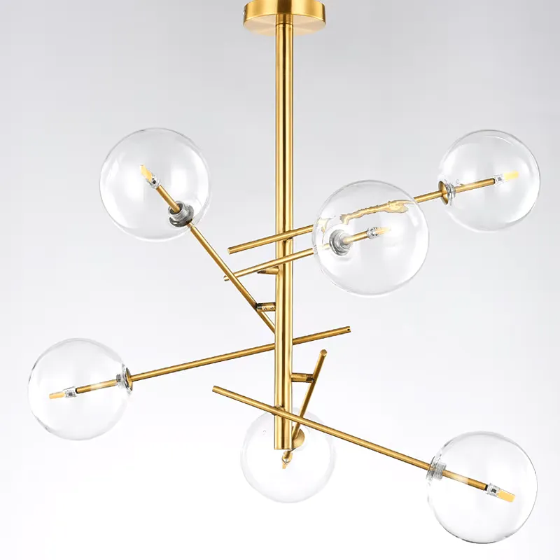 6 Light Sputnik Chandelier In Antique Brass Finish With Clear Glass Spheric Shades And Adjustable Arms