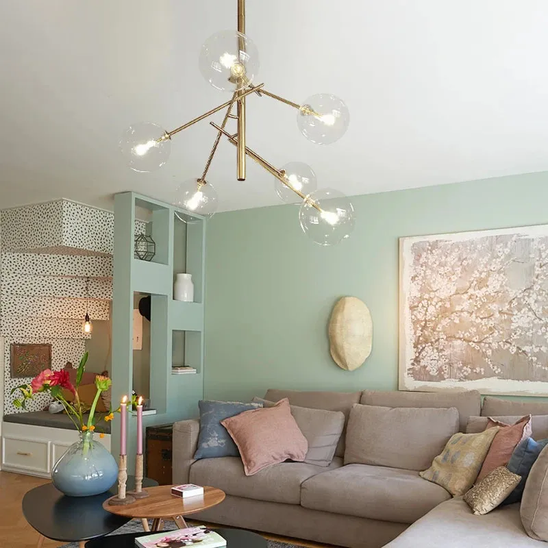 6 Light Sputnik Chandelier In Antique Brass Finish With Clear Glass Spheric Shades And Adjustable Arms