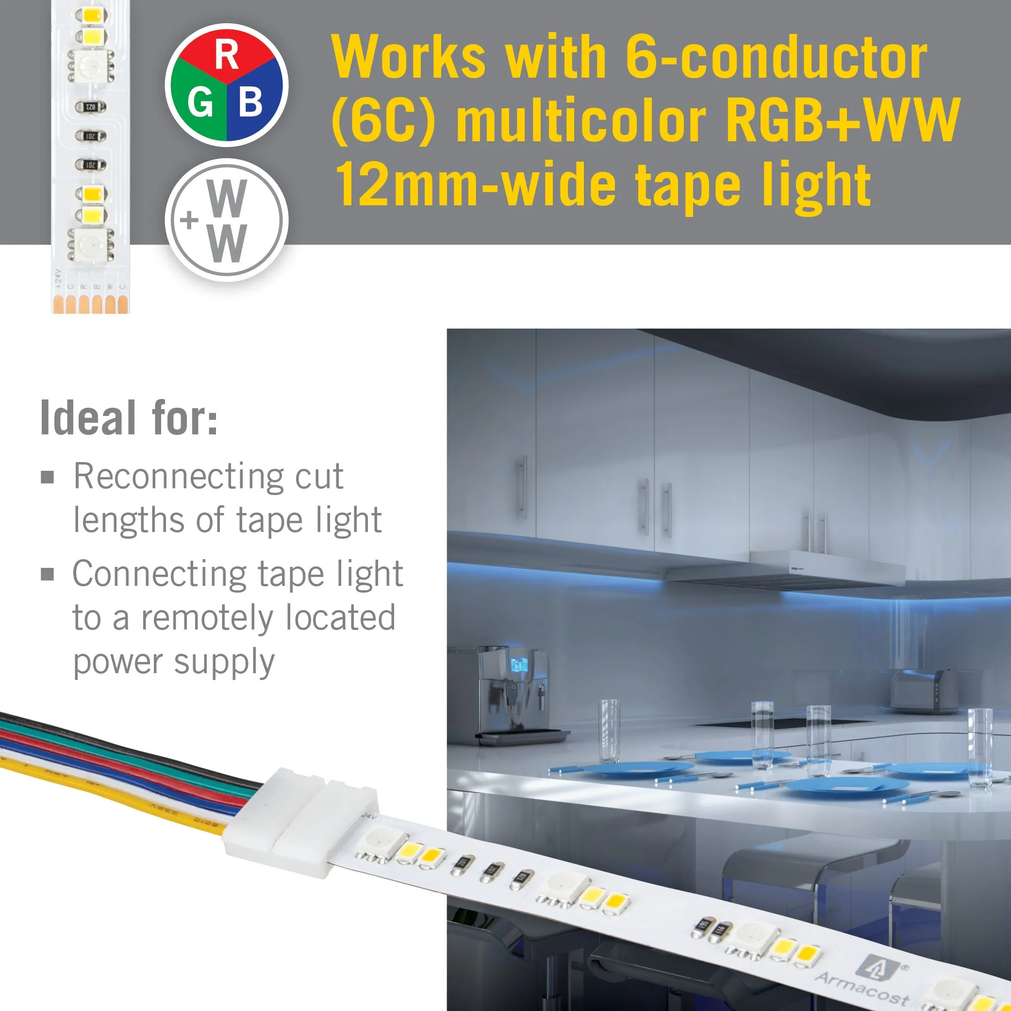6 Pin RGB WW LED Strip Light 48 in Tape to Wire Connector
