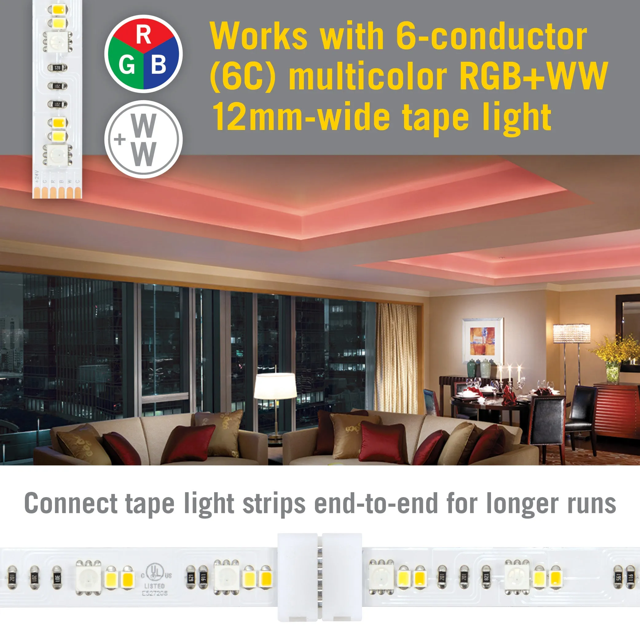 6 Pin RGB WW LED Strip Light Tape to Tape Splice Connector