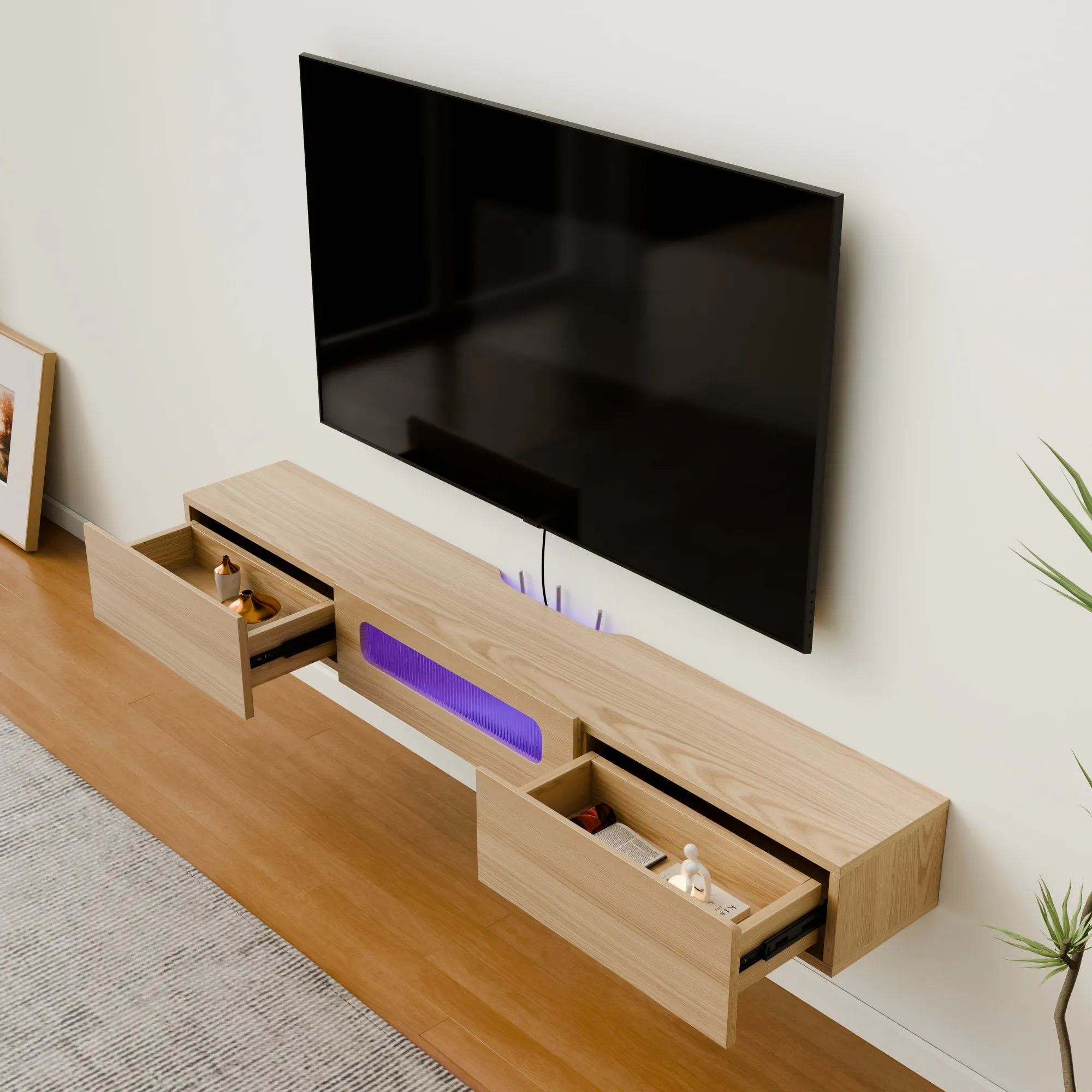 63" Purello Floating TV Stand, Light Oak