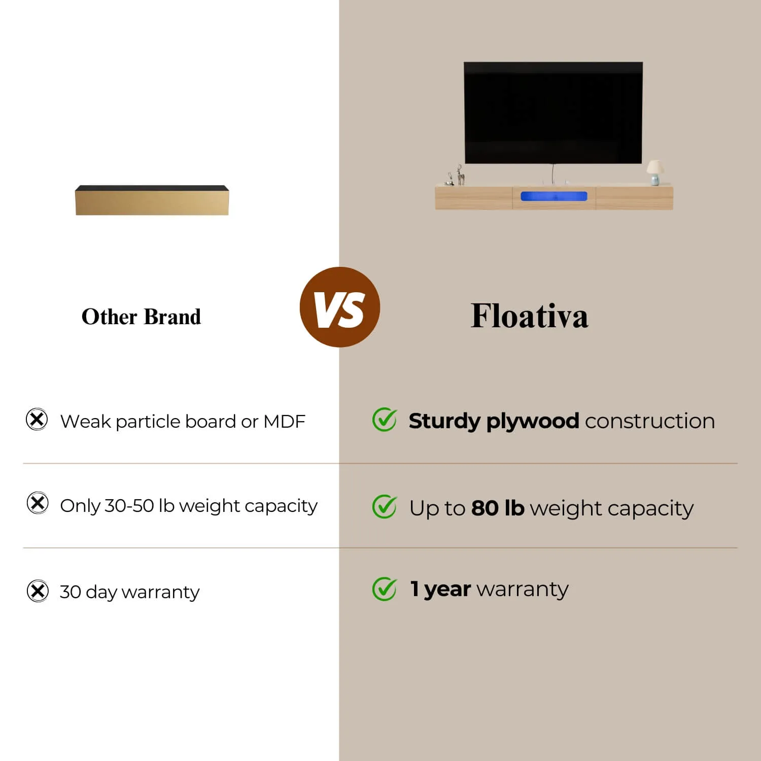 63" Purello Floating TV Stand, Light Oak