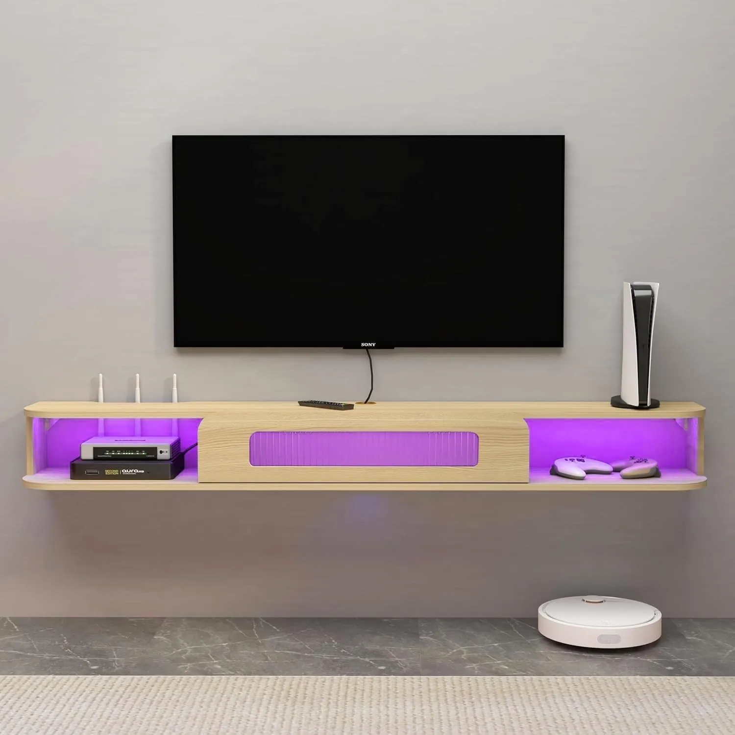 66.9" Slim Floating TV Stand Wall Shelf with LED Lights and Glass Door for up to 75" TVs, Light Oak