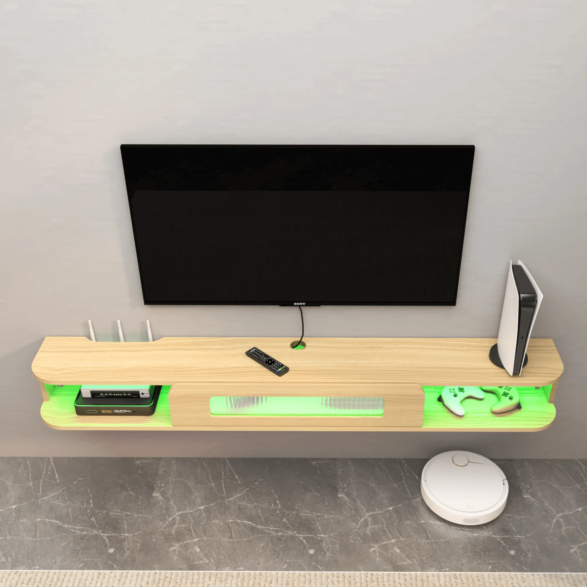66.9" Slim Floating TV Stand Wall Shelf with LED Lights and Glass Door for up to 75" TVs, Light Oak