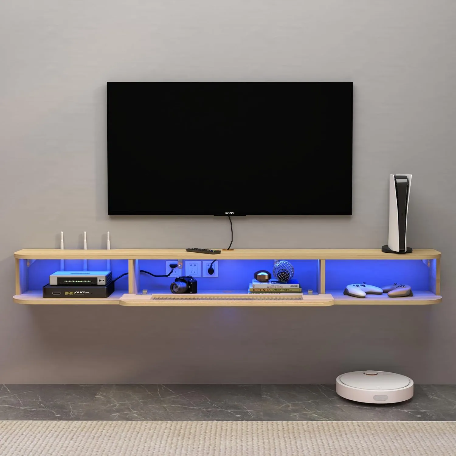 66.9" Slim Floating TV Stand Wall Shelf with LED Lights and Glass Door for up to 75" TVs, Light Oak