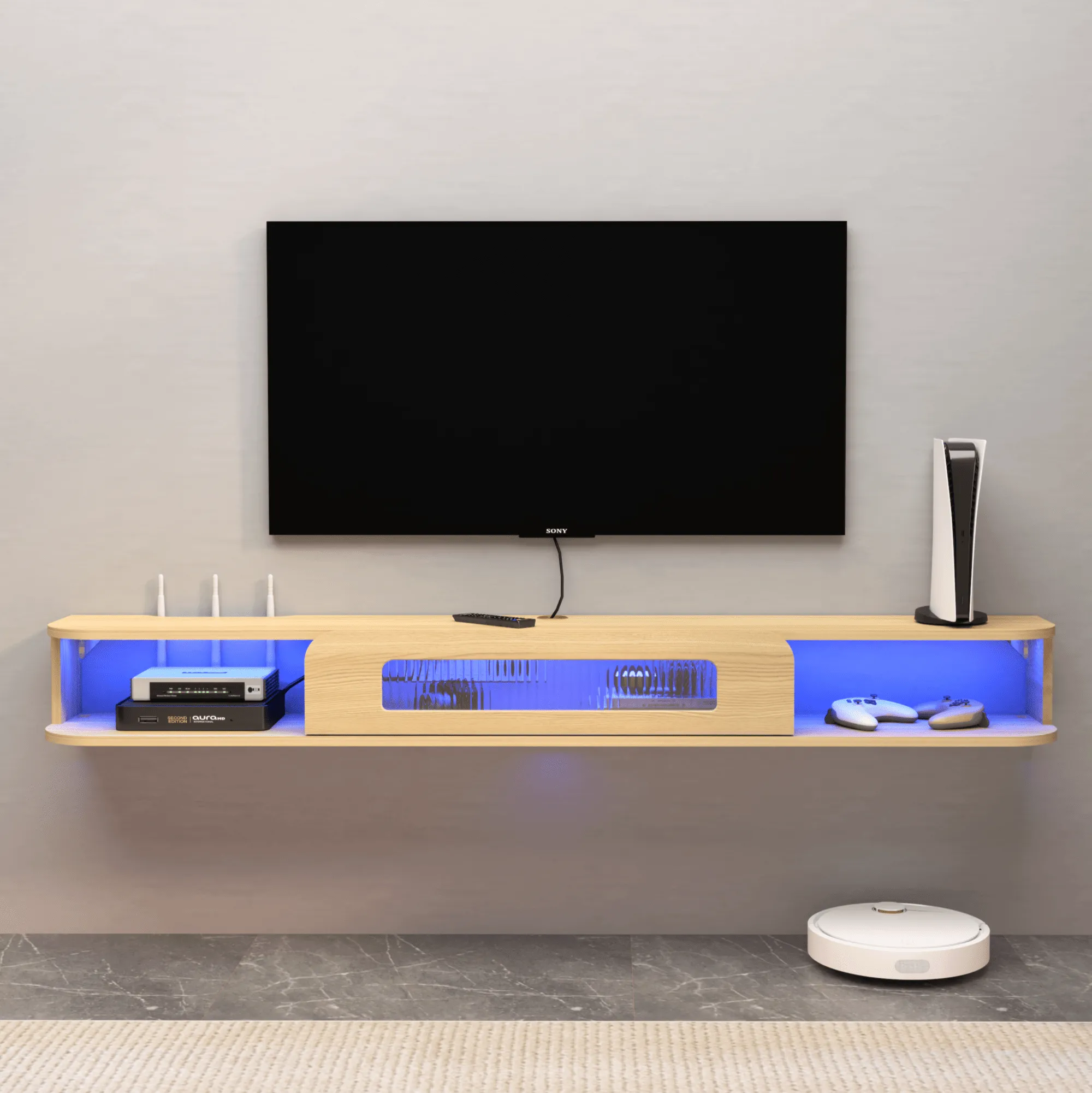 66.9" Slim Floating TV Stand Wall Shelf with LED Lights and Glass Door for up to 75" TVs, Light Oak