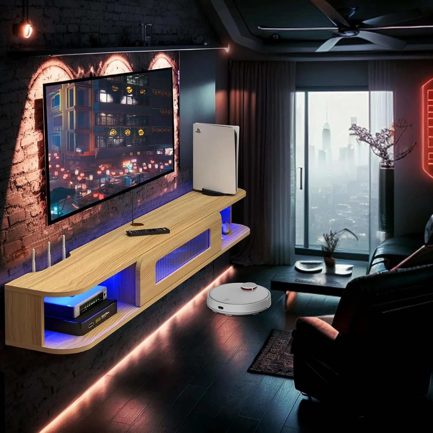 66.9" Slim Floating TV Stand Wall Shelf with LED Lights and Glass Door for up to 75" TVs, Light Oak