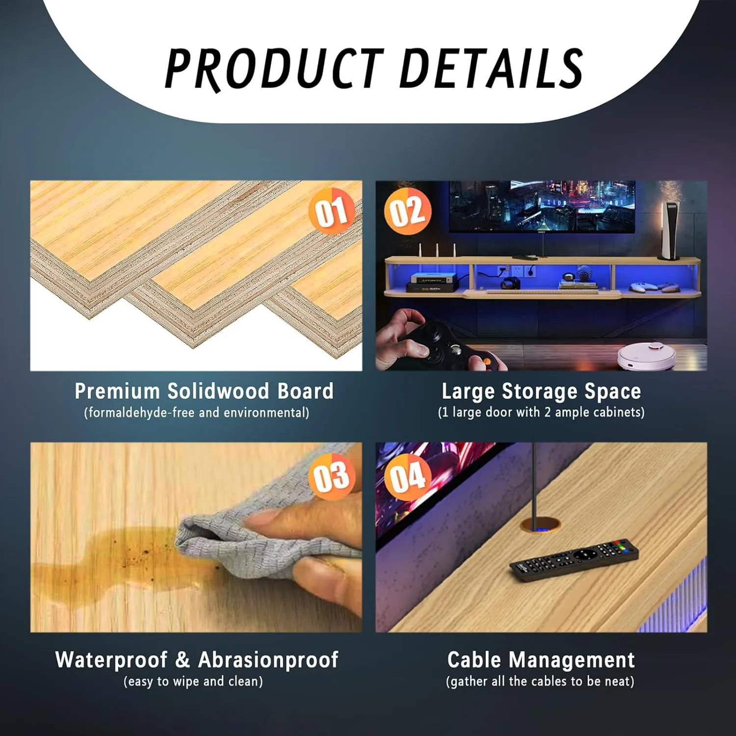 66.9" Slim Floating TV Stand Wall Shelf with LED Lights and Glass Door for up to 75" TVs, Light Oak