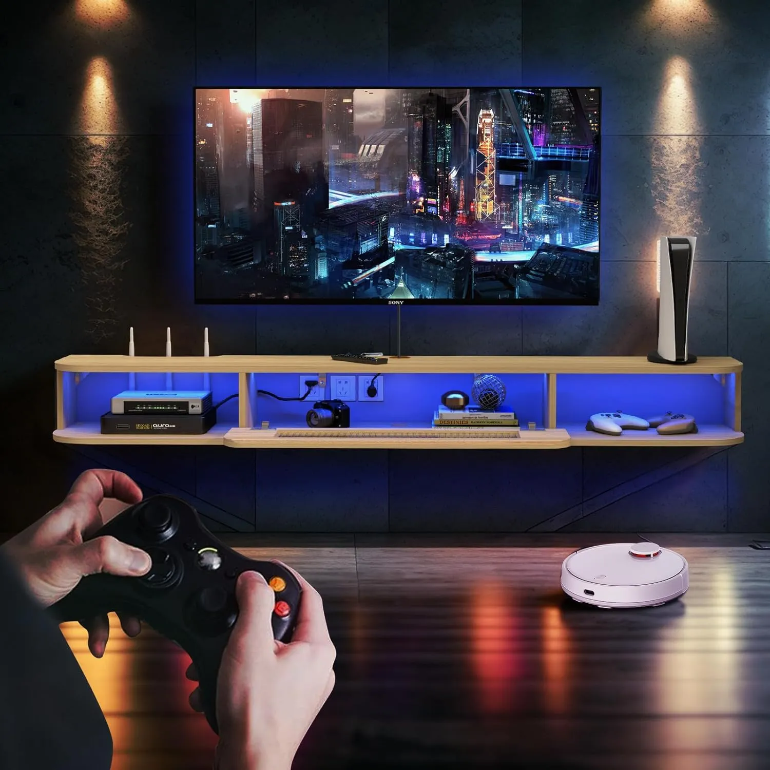 66.9" Slim Floating TV Stand Wall Shelf with LED Lights and Glass Door for up to 75" TVs, Light Oak
