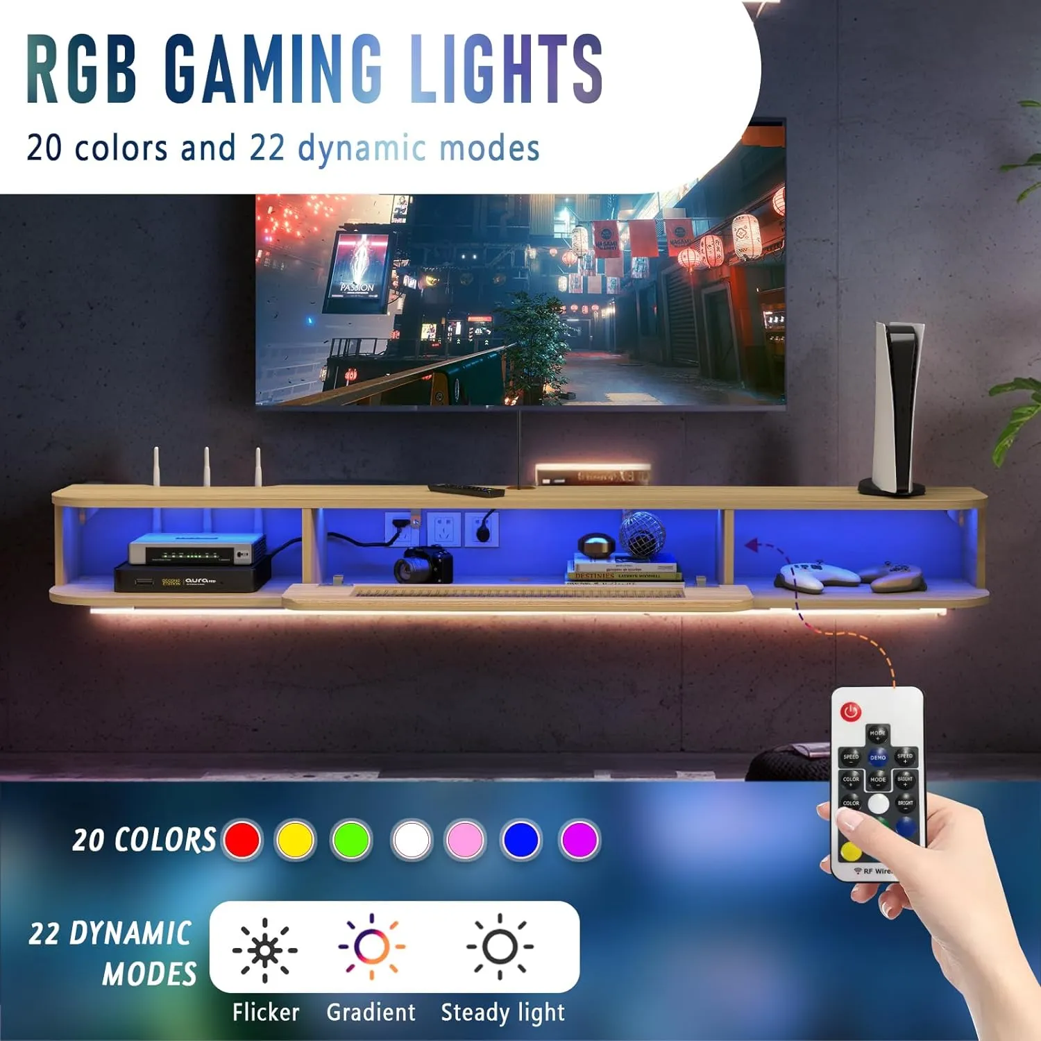 66.9" Slim Floating TV Stand Wall Shelf with LED Lights and Glass Door for up to 75" TVs, Light Oak