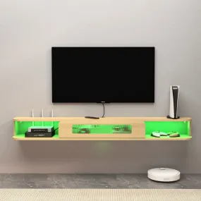 66.9" Slim Floating TV Stand Wall Shelf with LED Lights and Glass Door for up to 75" TVs, Light Oak