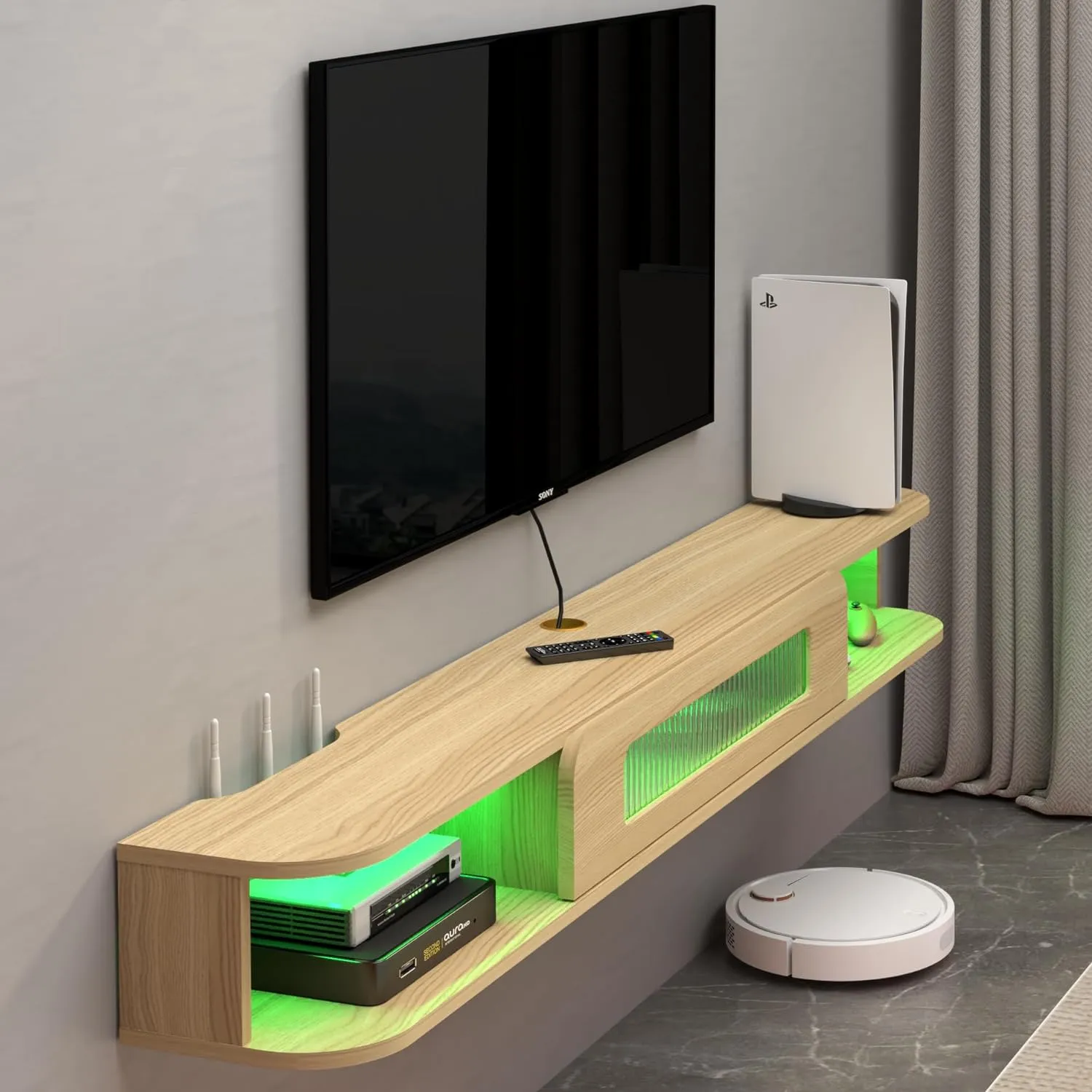 66.9" Slim Floating TV Stand Wall Shelf with LED Lights and Glass Door for up to 75" TVs, Light Oak