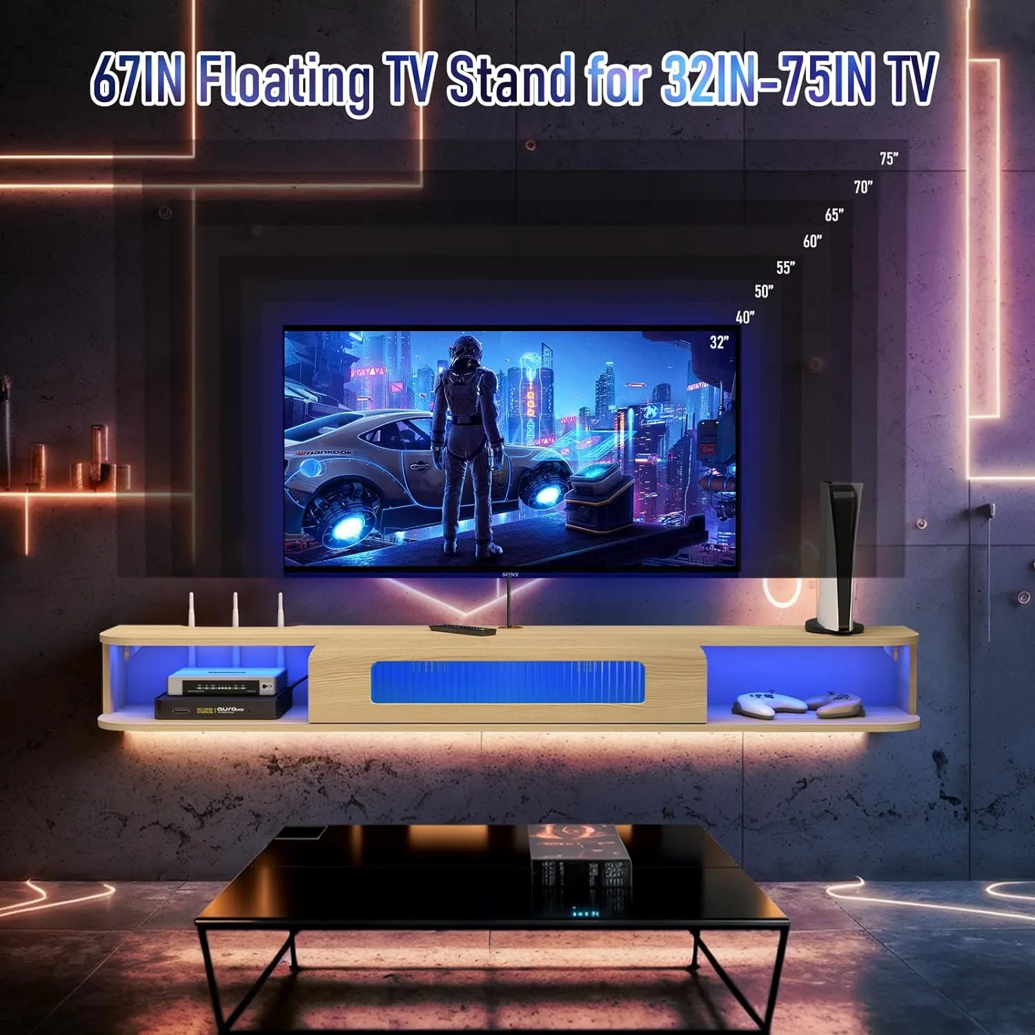 66.9" Slim Floating TV Stand Wall Shelf with LED Lights and Glass Door for up to 75" TVs, Light Oak