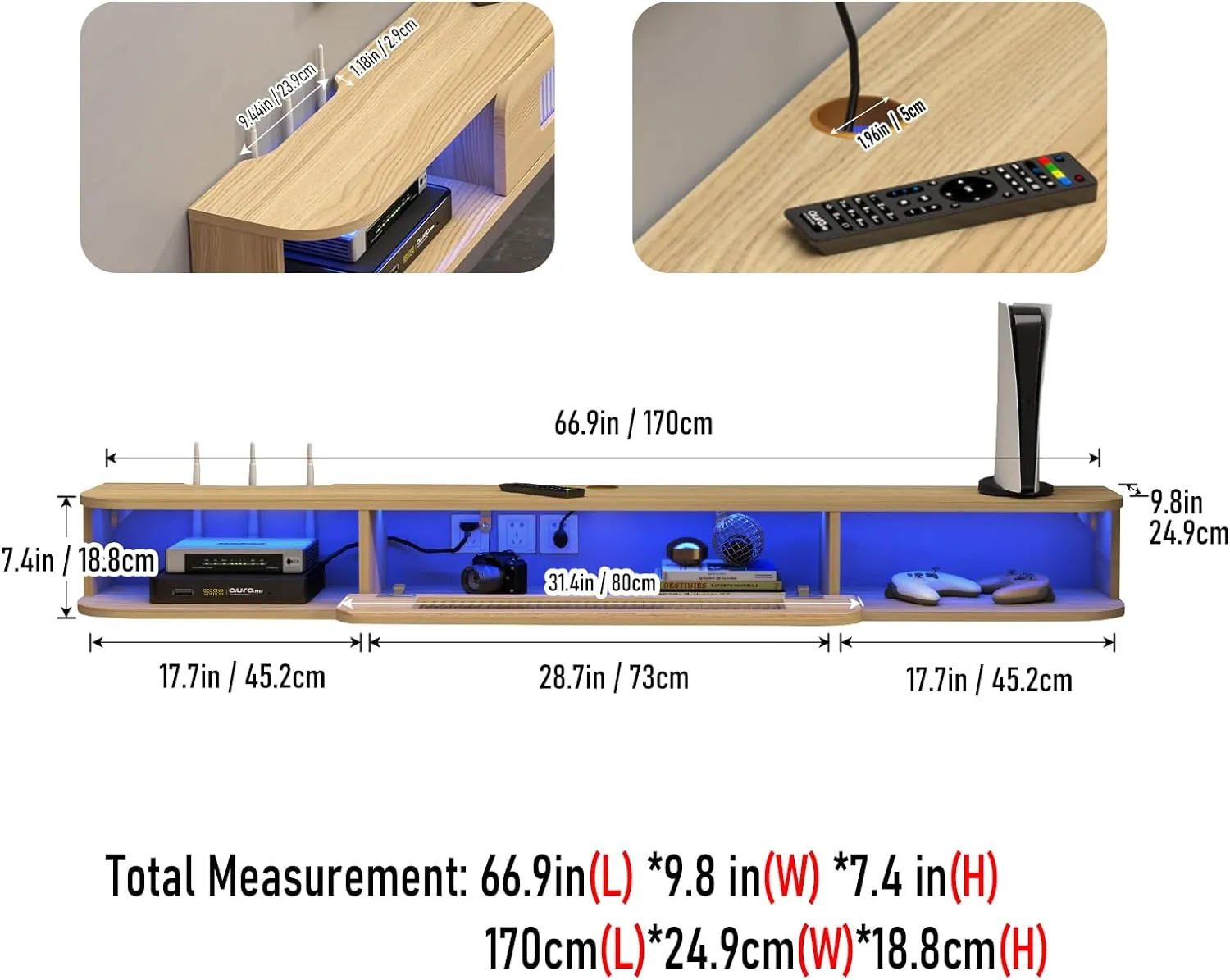 66.9" Slim Floating TV Stand Wall Shelf with LED Lights and Glass Door for up to 75" TVs, Light Oak