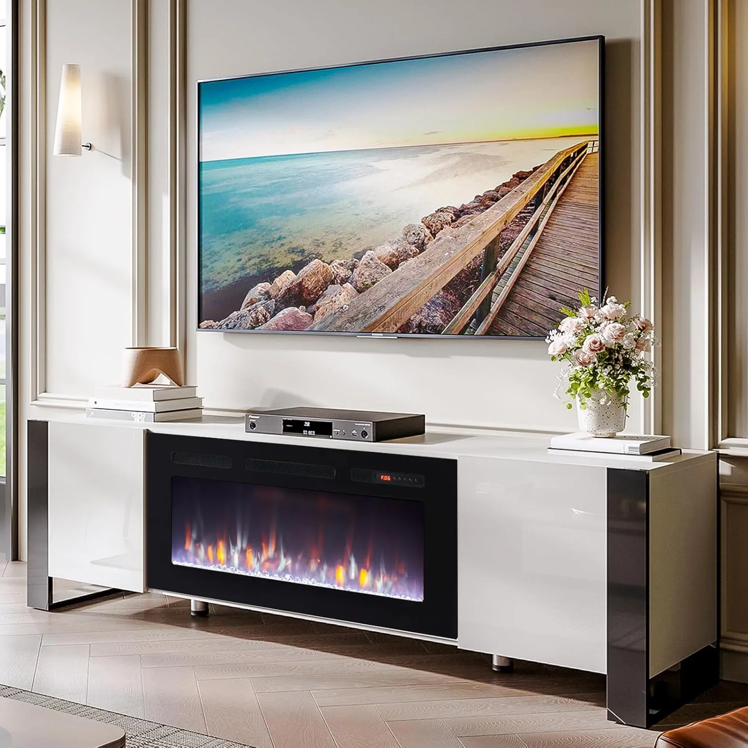 70" U-Shaped Adjustable Legs Fireplace TV Stand with Cabinet