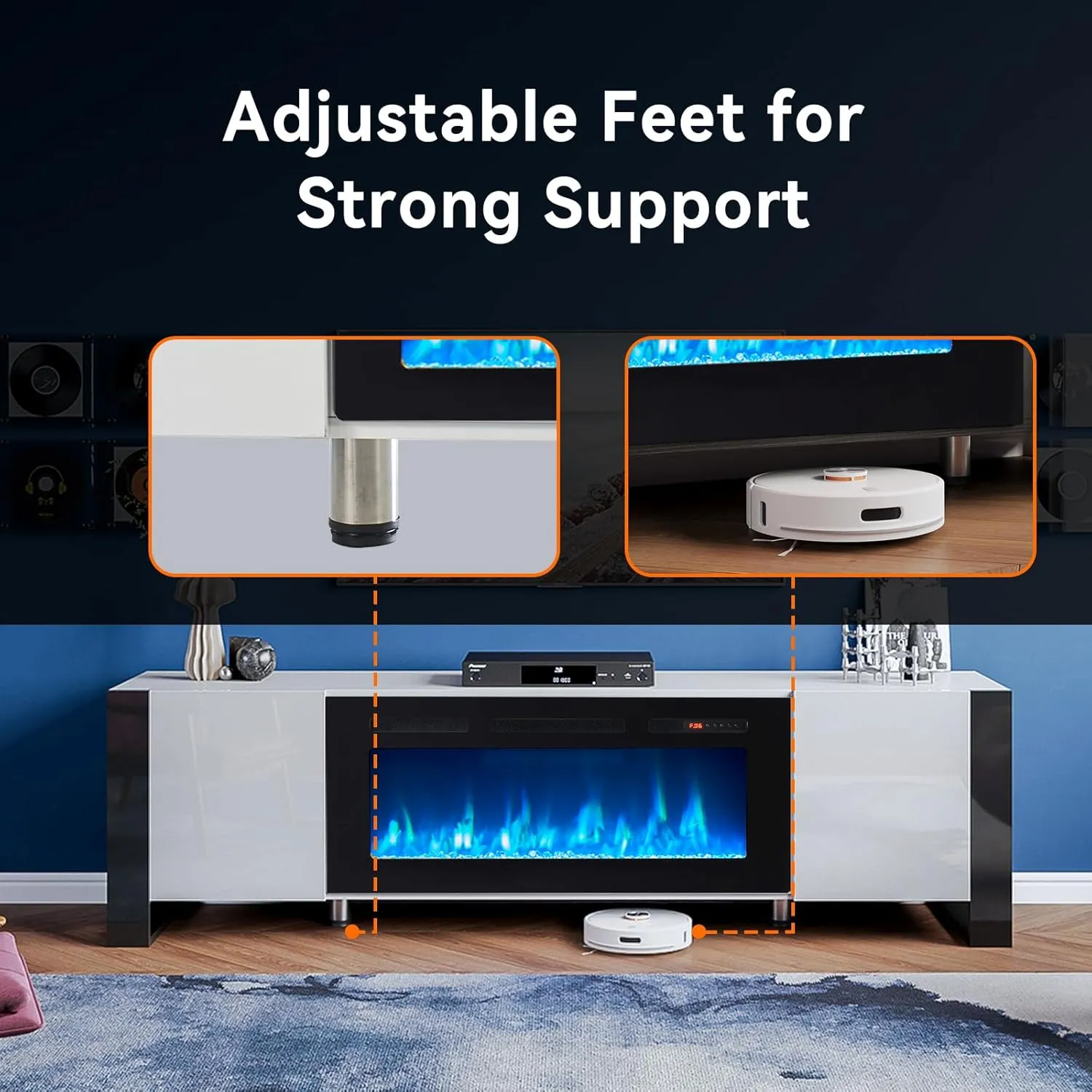 70" U-Shaped Adjustable Legs Fireplace TV Stand with Cabinet
