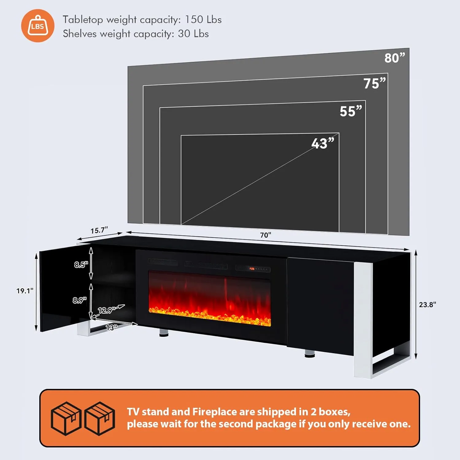 70" U-Shaped Adjustable Legs Fireplace TV Stand with Cabinet