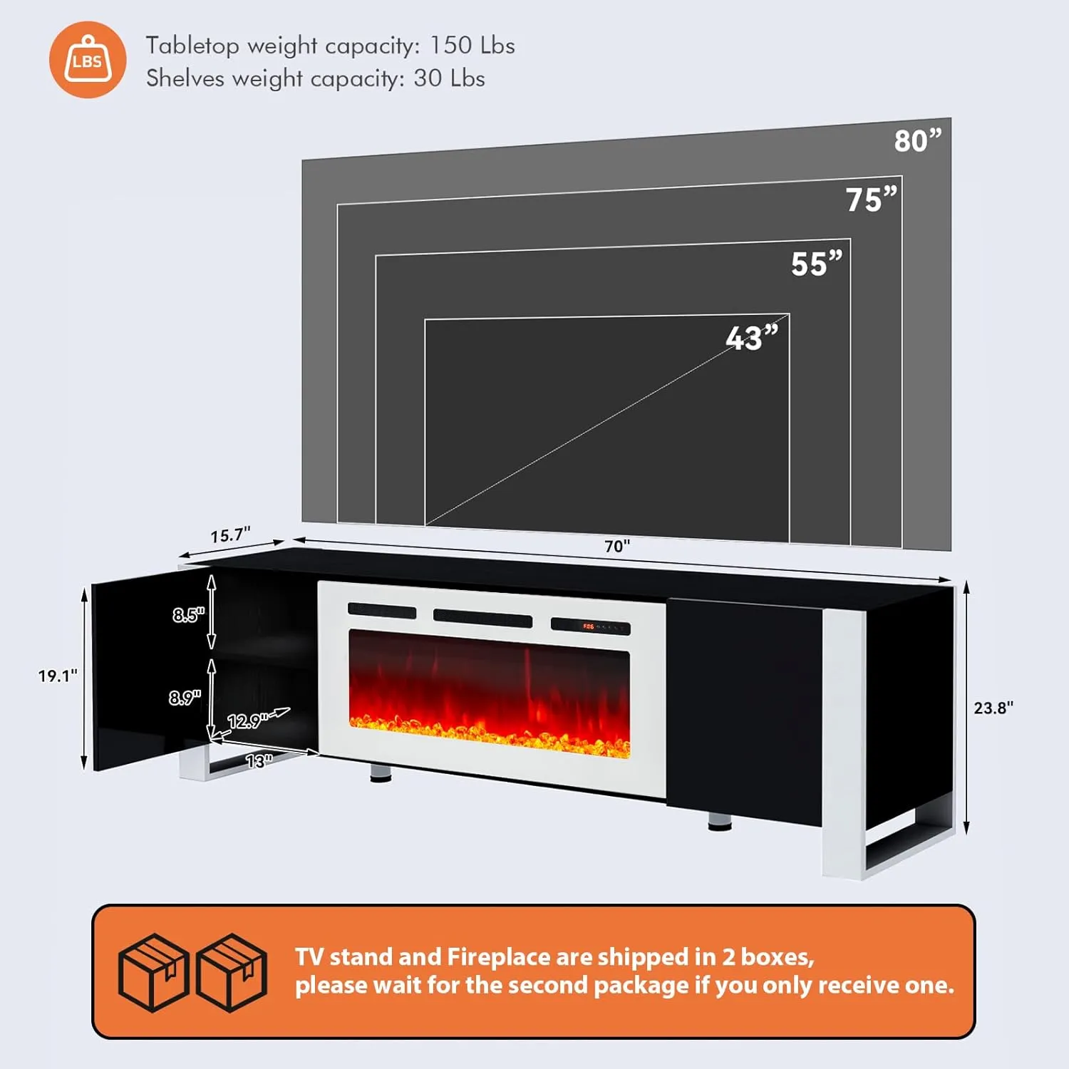 70" U-Shaped Adjustable Legs Fireplace TV Stand with Cabinet