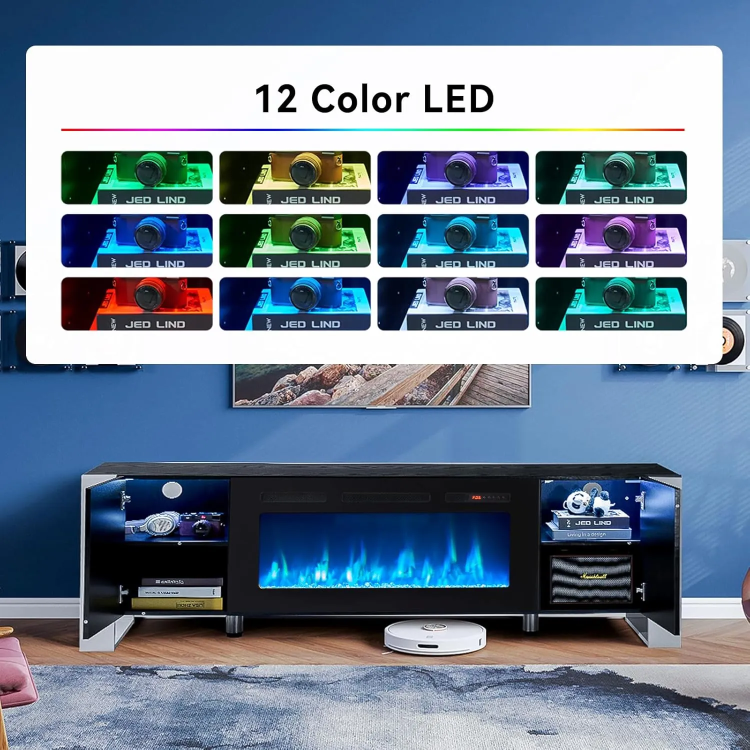 70" U-Shaped Adjustable Legs Fireplace TV Stand with Cabinet