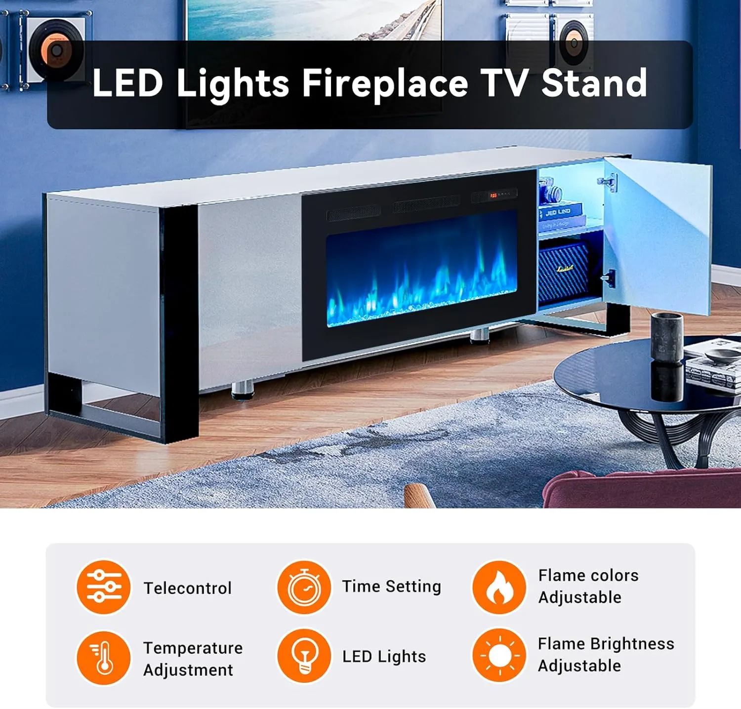 70" U-Shaped Adjustable Legs Fireplace TV Stand with Cabinet