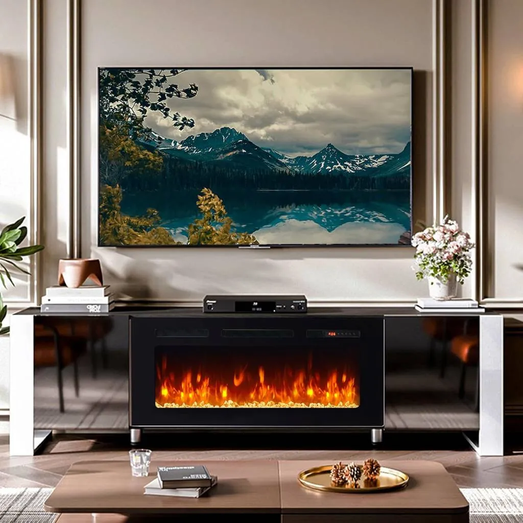 70" U-Shaped Adjustable Legs Fireplace TV Stand with Cabinet