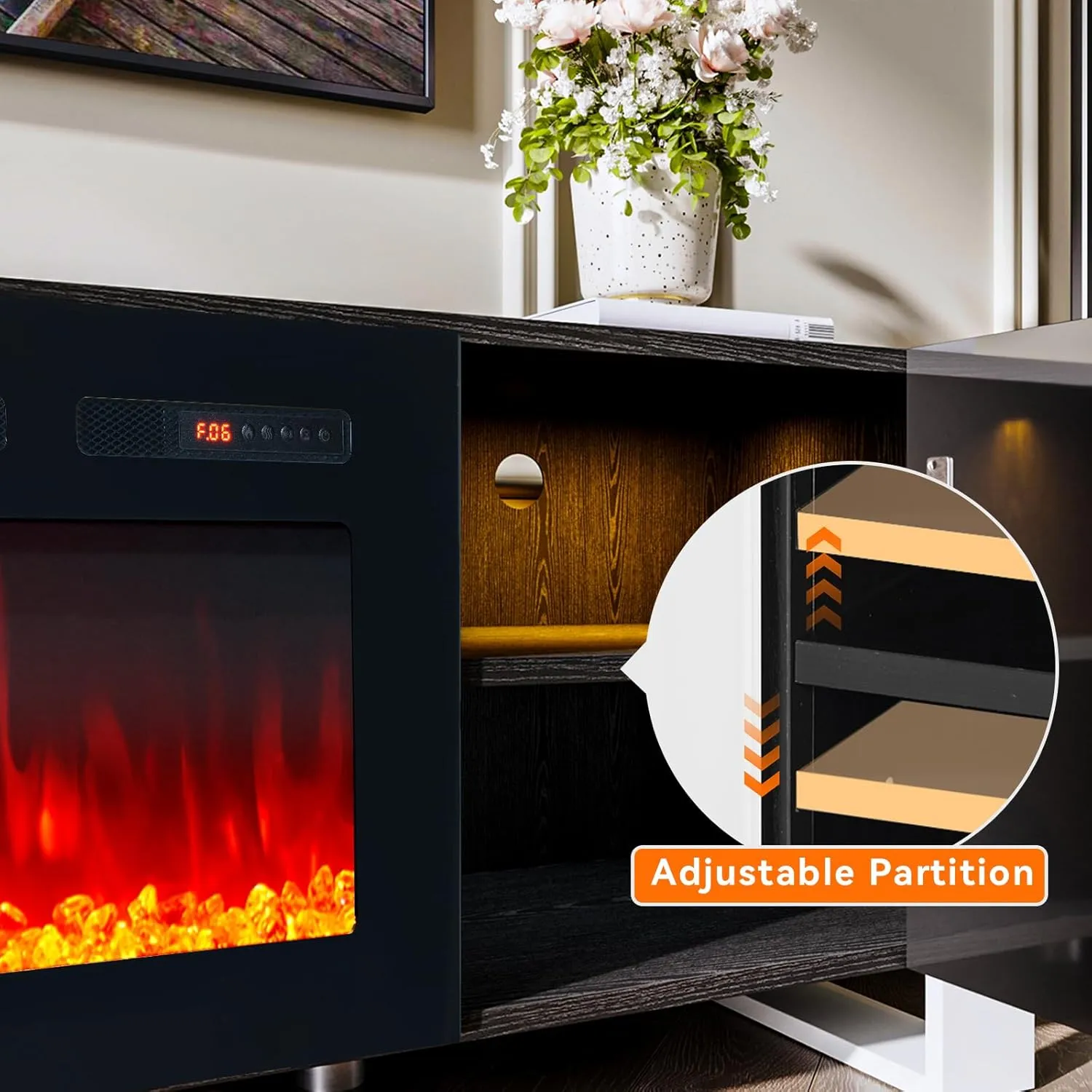 70" U-Shaped Adjustable Legs Fireplace TV Stand with Cabinet