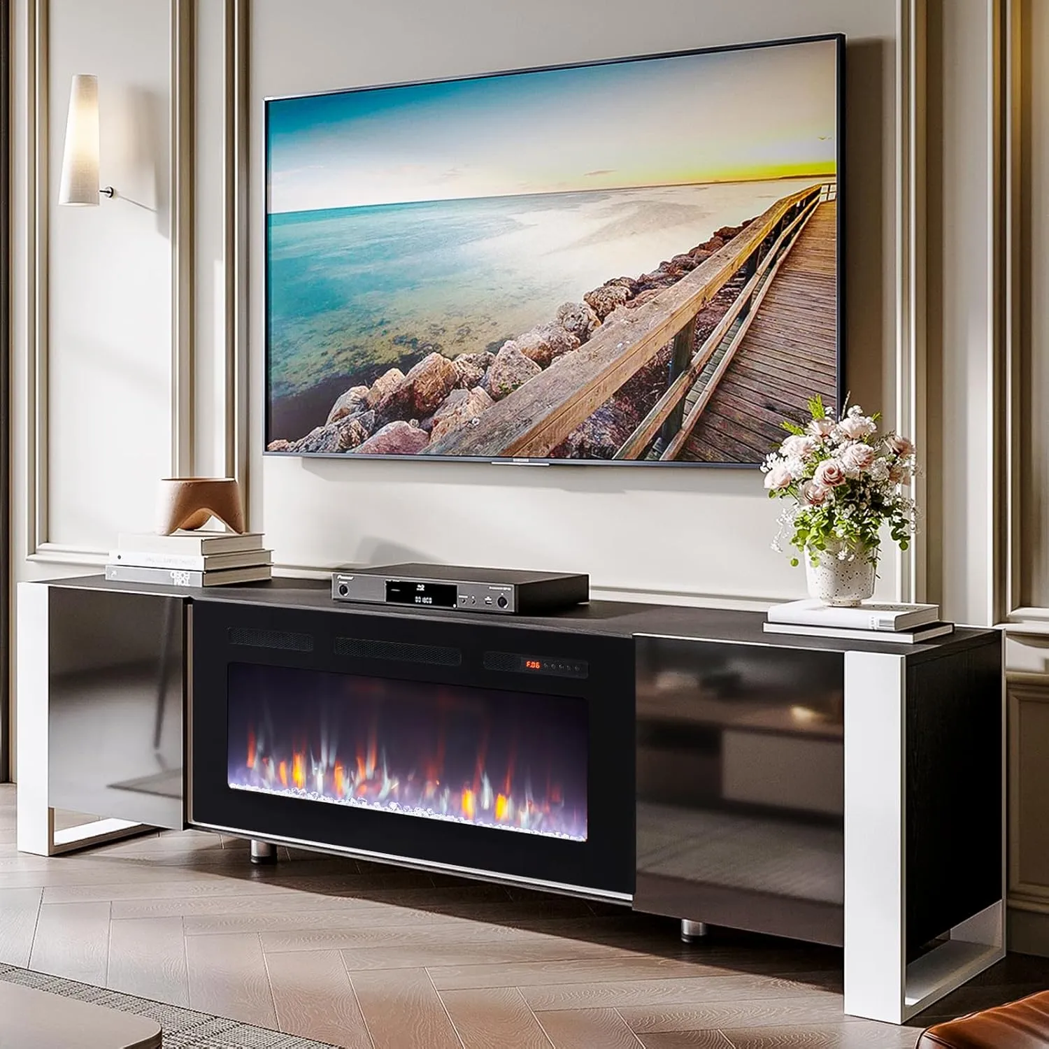70" U-Shaped Adjustable Legs Fireplace TV Stand with Cabinet