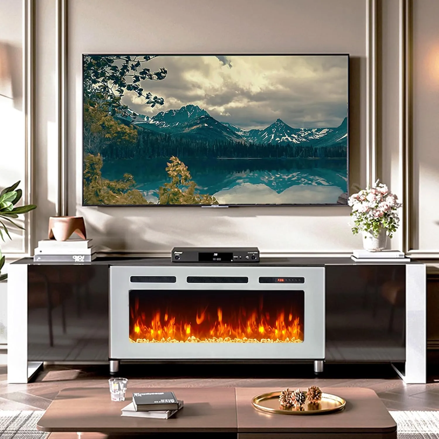 70" U-Shaped Adjustable Legs Fireplace TV Stand with Cabinet