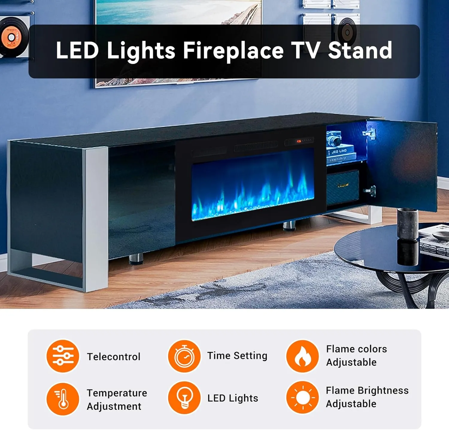 70" U-Shaped Adjustable Legs Fireplace TV Stand with Cabinet