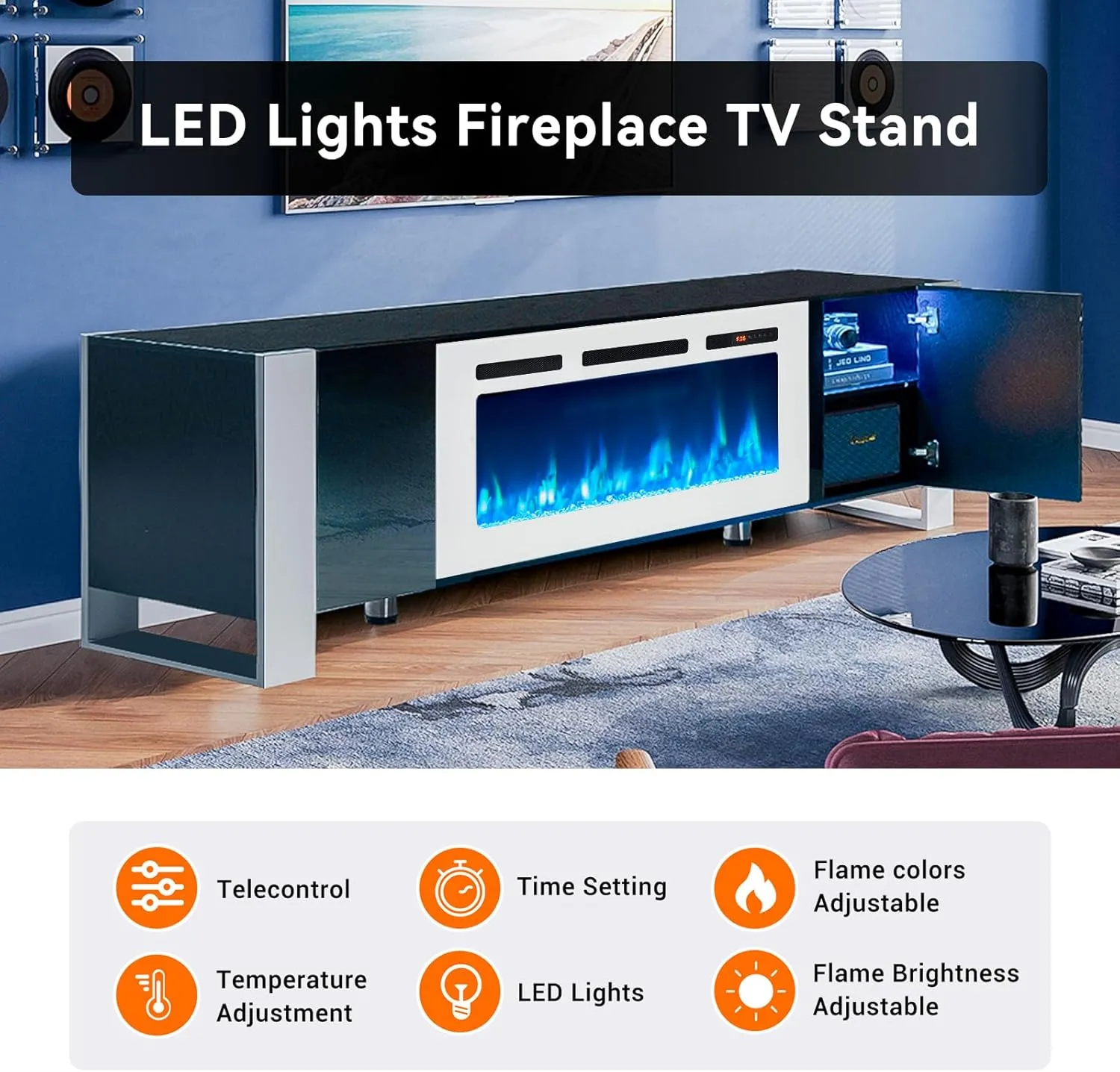 70" U-Shaped Adjustable Legs Fireplace TV Stand with Cabinet